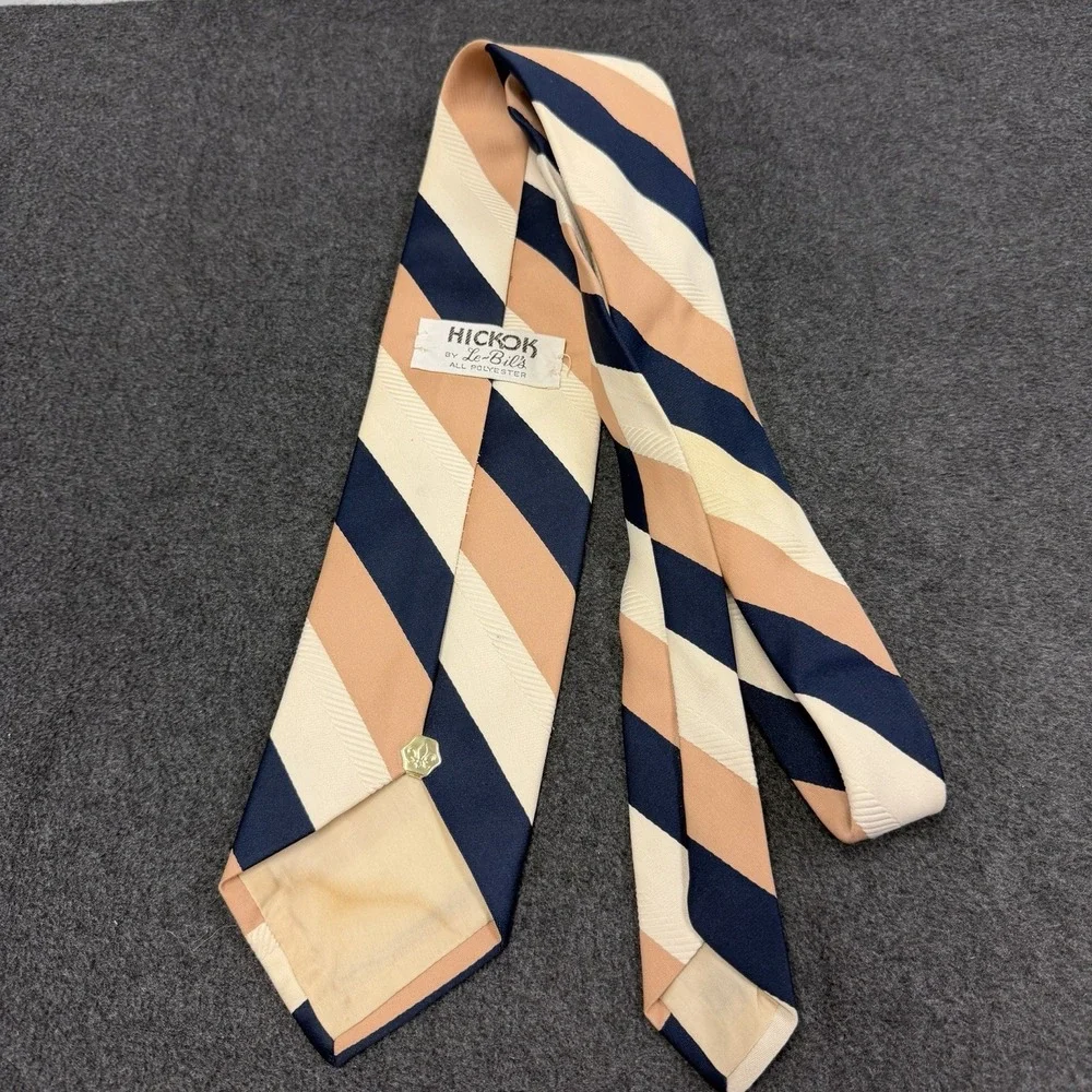 Vtg Hickok by Le-Bils 70s Mod Striped Mens Tie Navy Blue Peach Cream Polyester